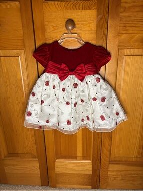 Bonnie Baby Red and White Velvet Floral Bow Dress